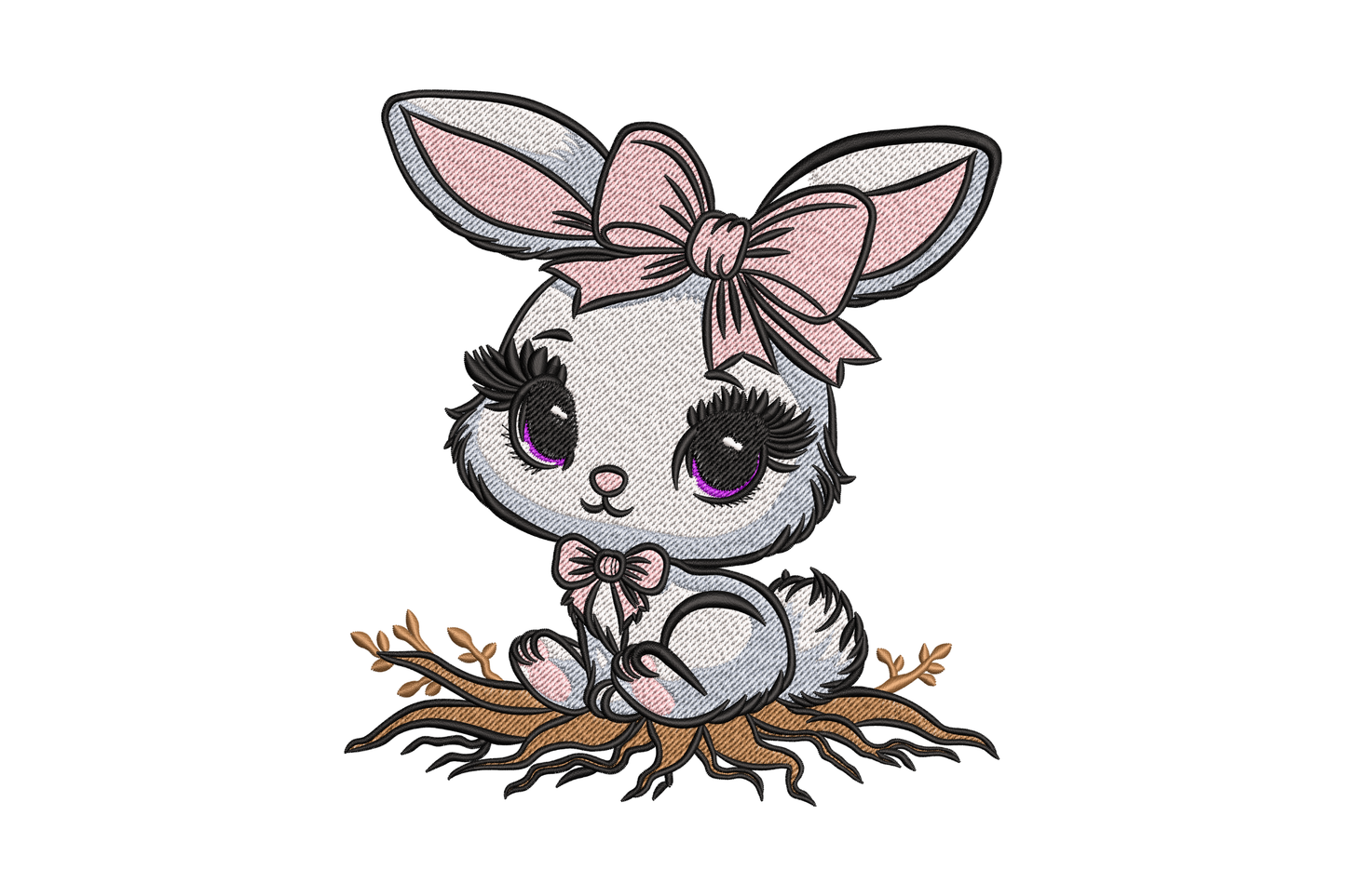 Bow bunny machine embroidery design, cartoon rabbit with pink bow in twig nest, 6-color kawaii nursery baby design