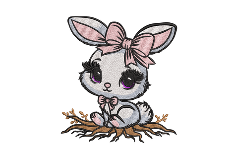 Bow bunny machine embroidery design, cartoon rabbit with pink bow in twig nest, 6-color kawaii nursery baby design
