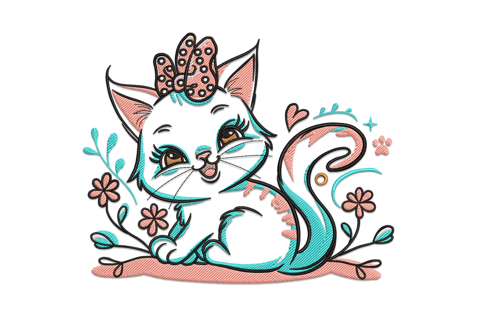 Cute bow kitty embroidery design, white kitten with spotted bow and aqua floral surround, 7-colour machine embroidery.