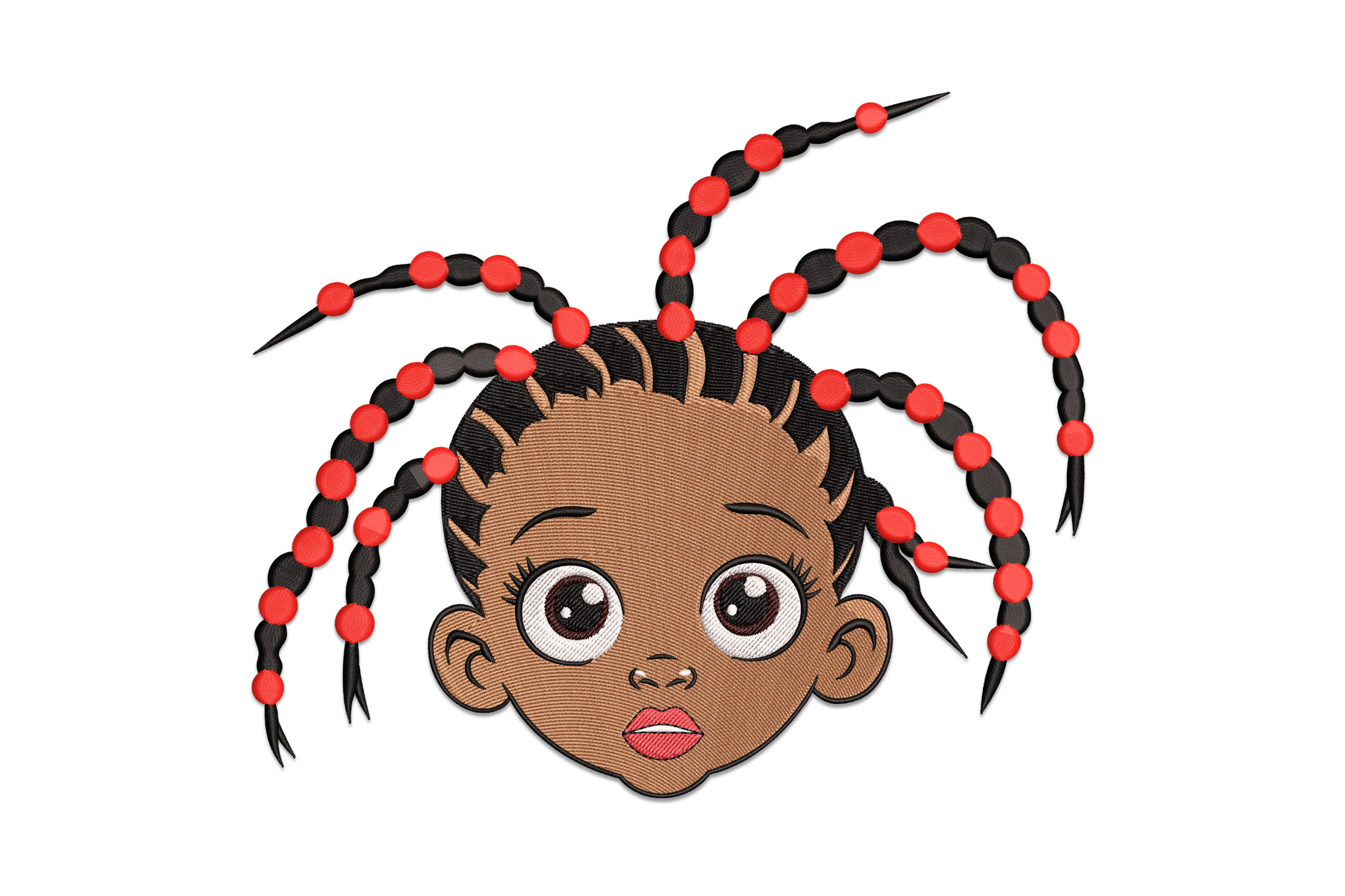 Cute braided girl face machine embroidery design, 7 colours with pigtails and pink bow, 5 sizes from 3.50 to 7.50 inches