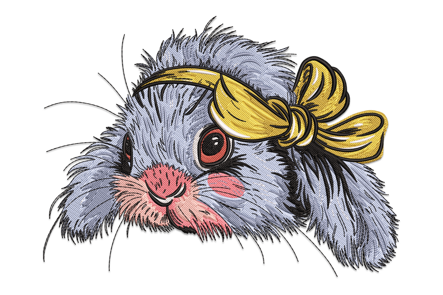 Machine embroidery cute bunny face design, front-facing cartoon rabbit with tall ears large eyes and pink inner ear, nine colour zones in white cream pink lavender and grey, very high density dimensional fill.