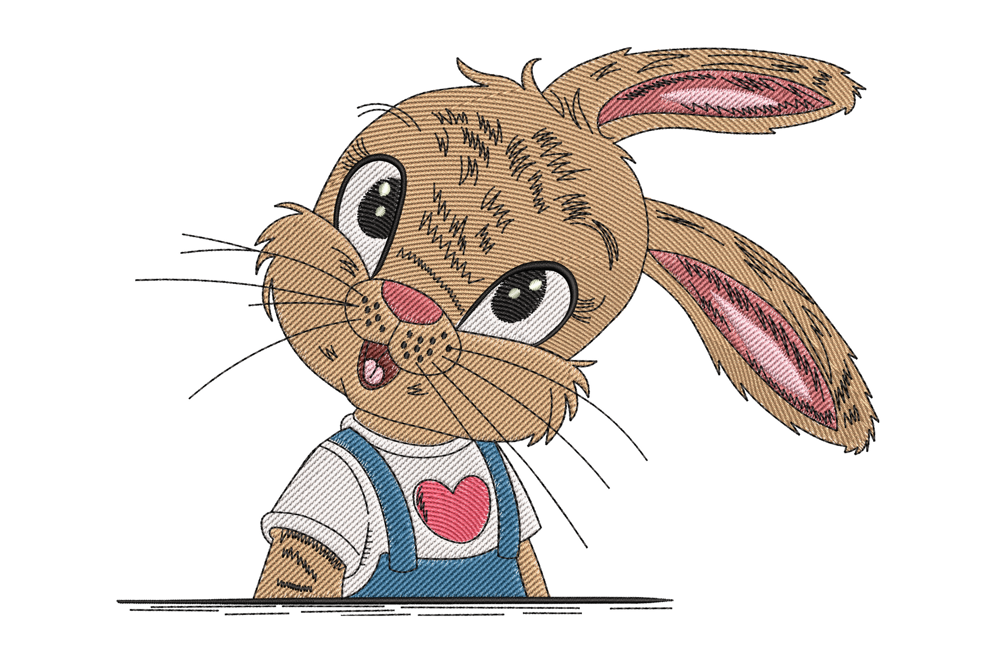 Cute bunny head with heart embroidery design, ivory cartoon bunny face and scarlet heart on white onesie.