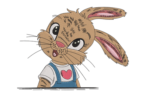 Cute bunny head with heart embroidery design, ivory cartoon bunny face and scarlet heart on white onesie.