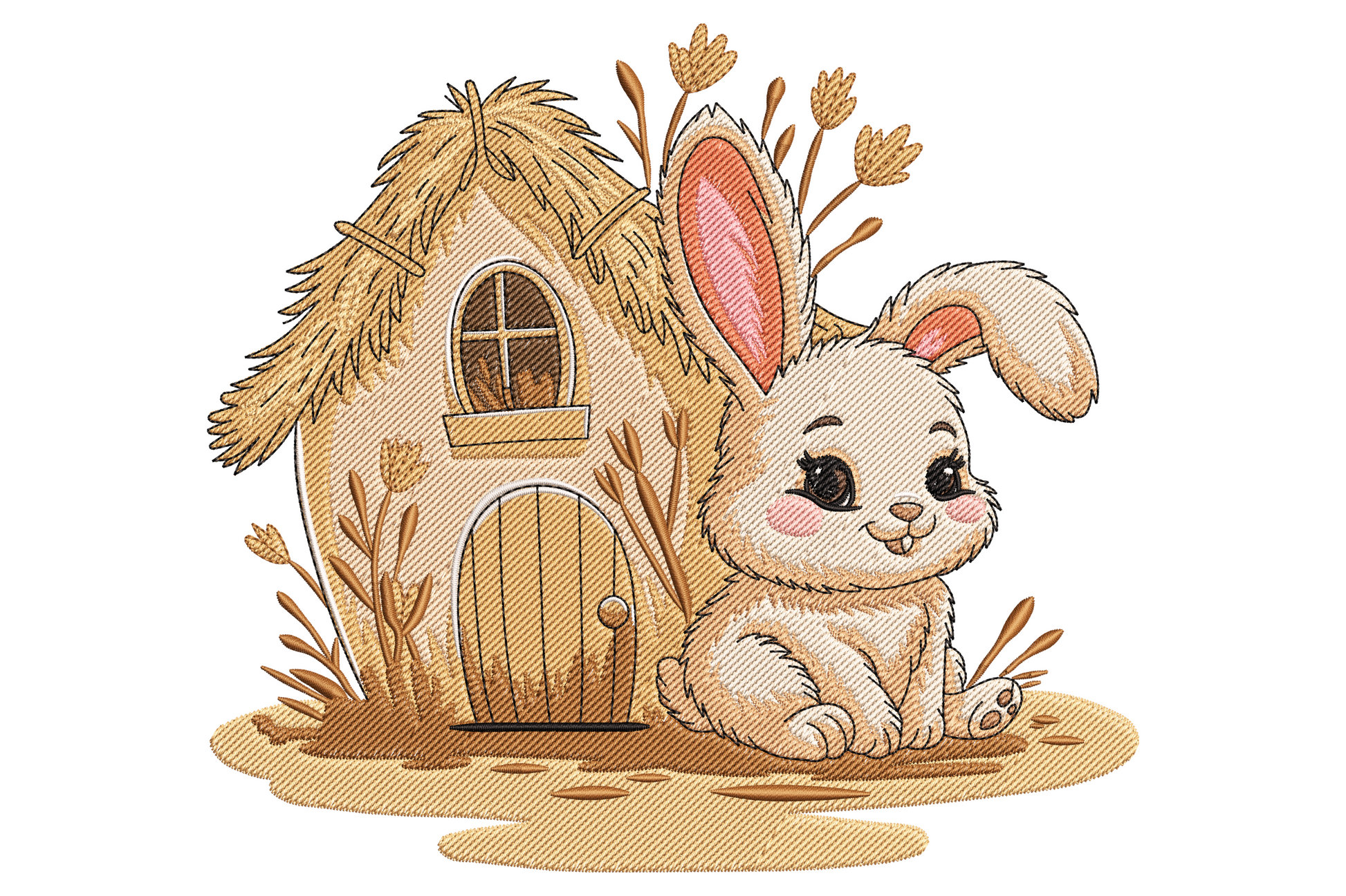 Cute bunny sitting beside a thatched cottage house embroidery in warm cream and earthy woodland tones.