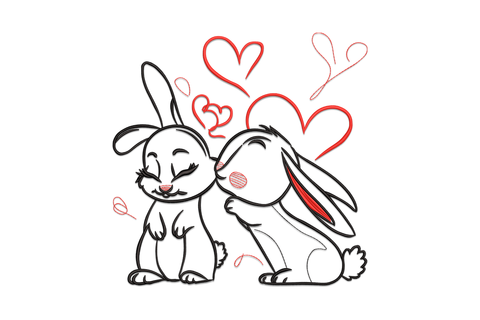 Two cartoon bunnies leaning in for a kiss with three red outline hearts floating above their heads, black line art with red accent