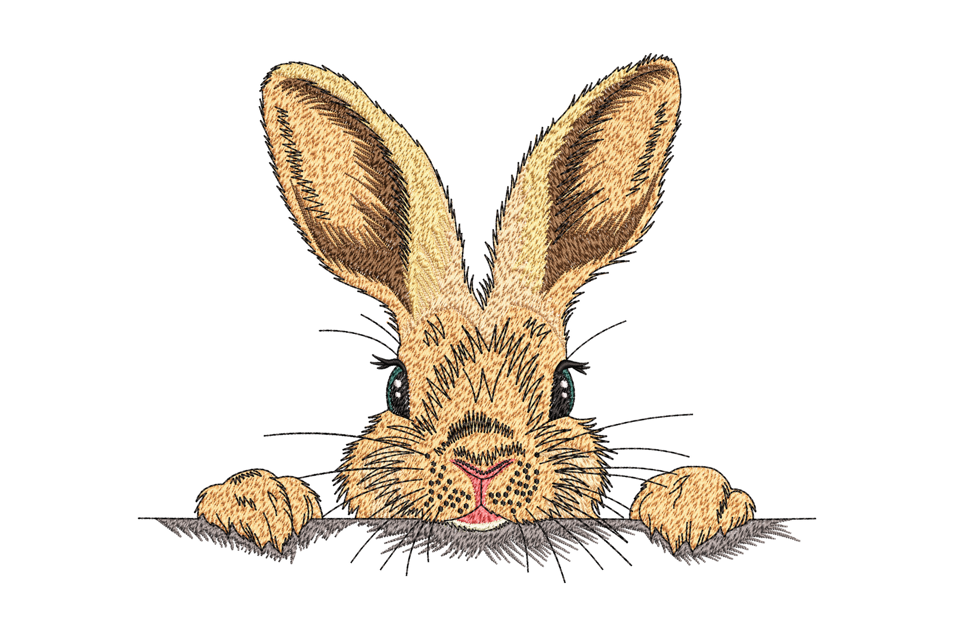 Peekaboo bunny peeking over edge embroidery design, white rabbit with ears up and wide eyes, 5 sizes