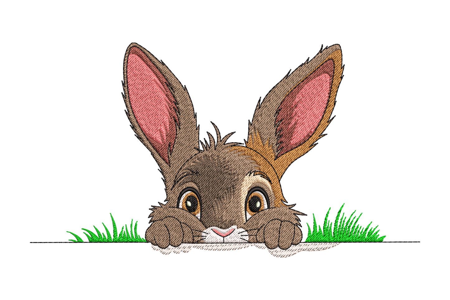 Easter bunny peeking over green grass, cartoon rabbit with pink ears, wide eyes, brown fluffy fur, 12 colors.