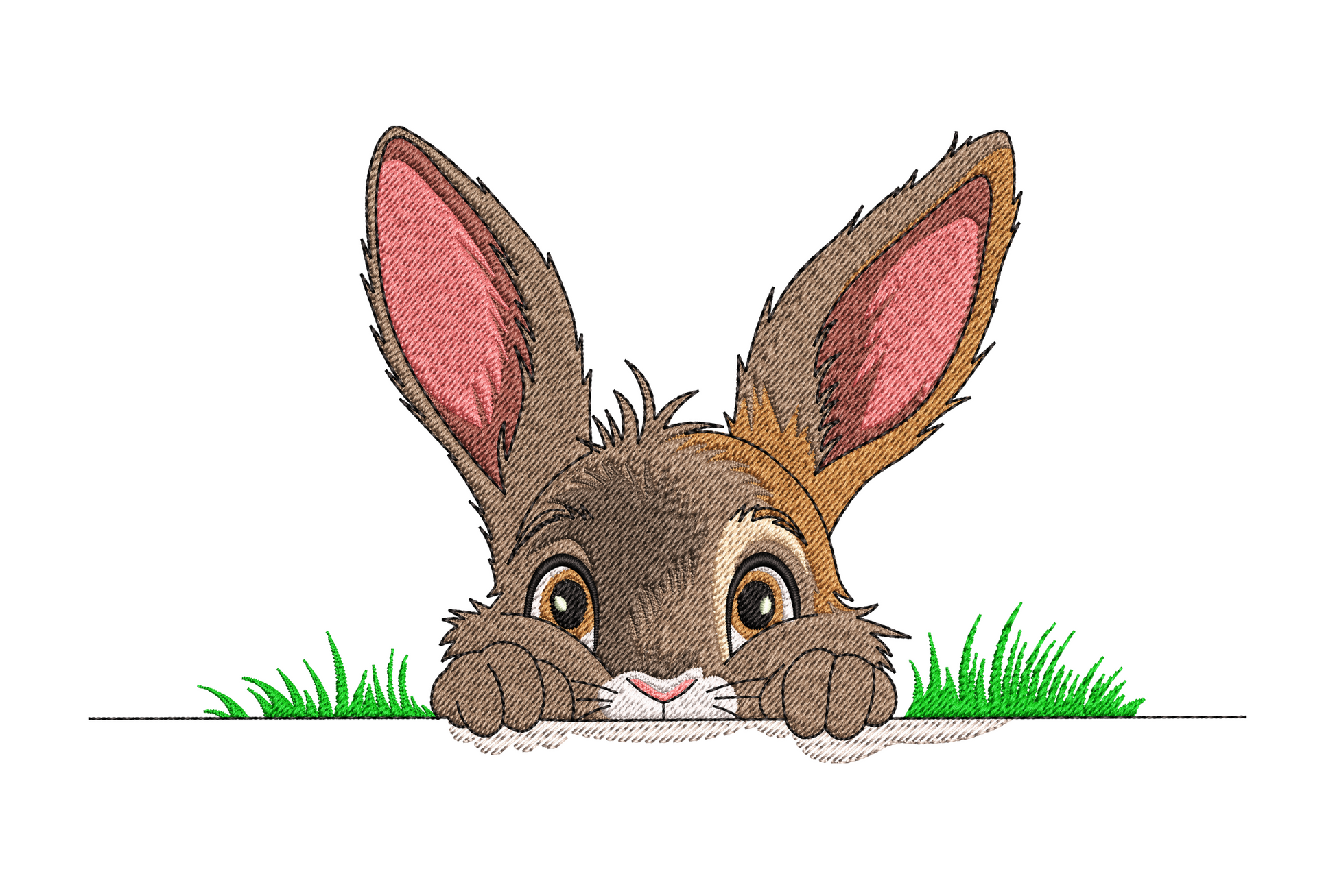Easter bunny peeking over green grass, cartoon rabbit with pink ears, wide eyes, brown fluffy fur, 12 colors.