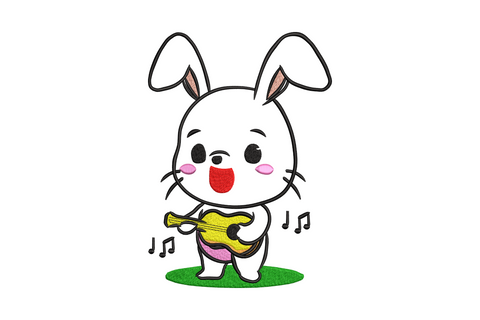 Cute bunny playing acoustic guitar embroidery design with caramel fur and walnut brown guitar, cartoon kawaii style.