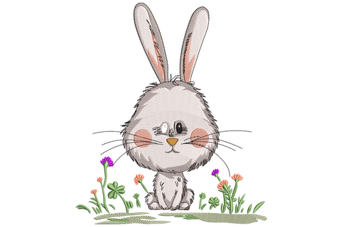 Soft cartoon bunny sitting upright in small garden patch holding flower, surrounded by daisies and tulips, pastel pink mint cream embroidery design