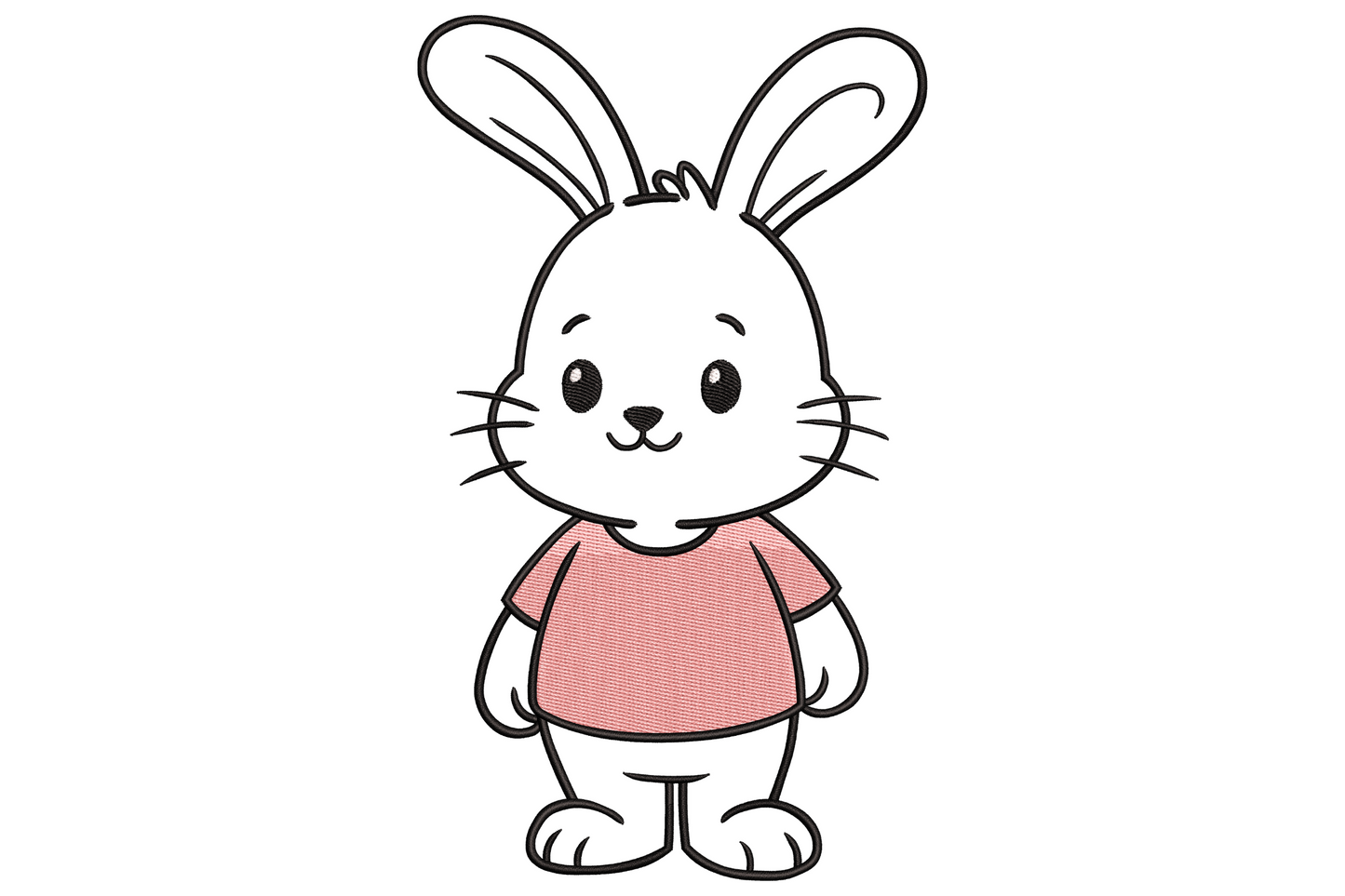 Machine embroidery design of a cute white bunny wearing a pastel pink shirt, shown on white fabric with soft pastel colouring