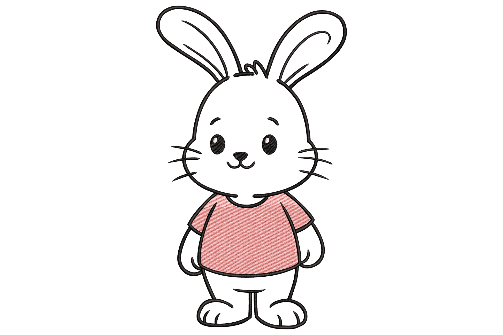 Machine embroidery design of a cute white bunny wearing a pastel pink shirt, shown on white fabric with soft pastel colouring