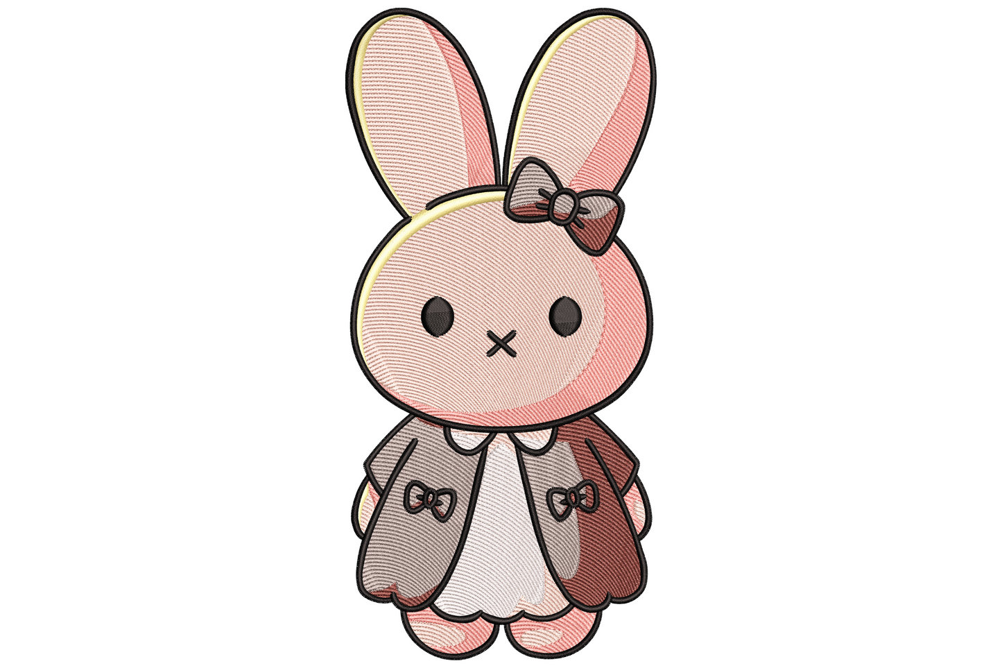 Kawaii bunny embroidery with grey bow, blush pink and peach satin body, cream skirt and cross-stitch eyes, sitting upright against white background.