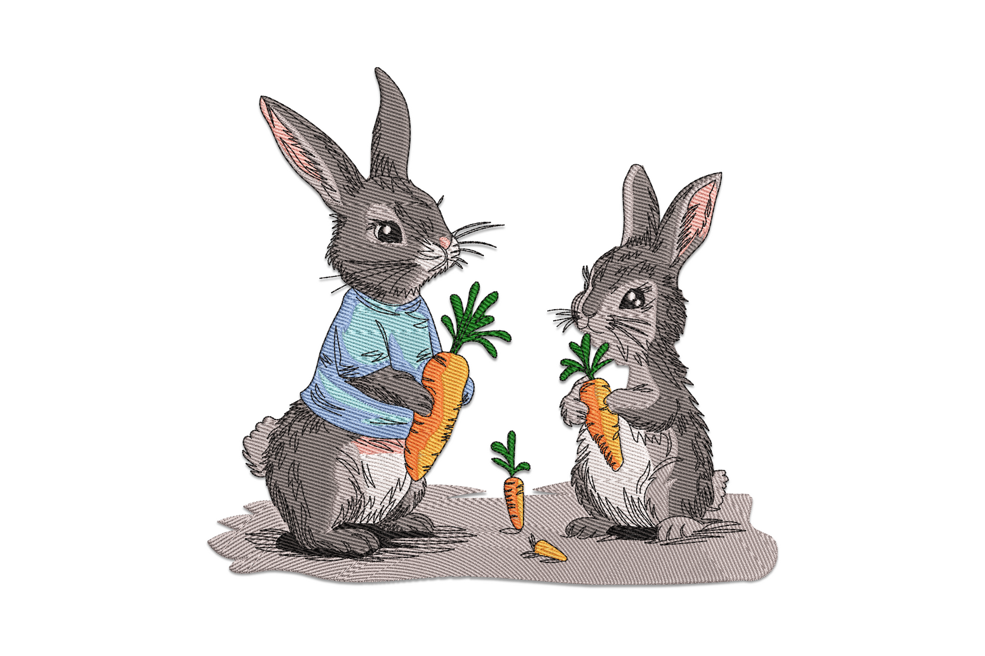 Two grey bunnies holding orange carrots, Easter machine embroidery design in sketch style, 10 thread colours.