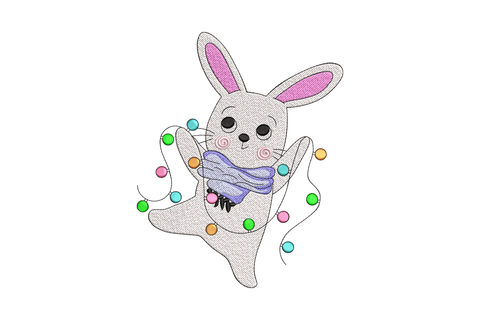 Ghost-shaped grey bunny with pink ears and blue scarf surrounded by multicolour Christmas lights, cute festive embroidery design