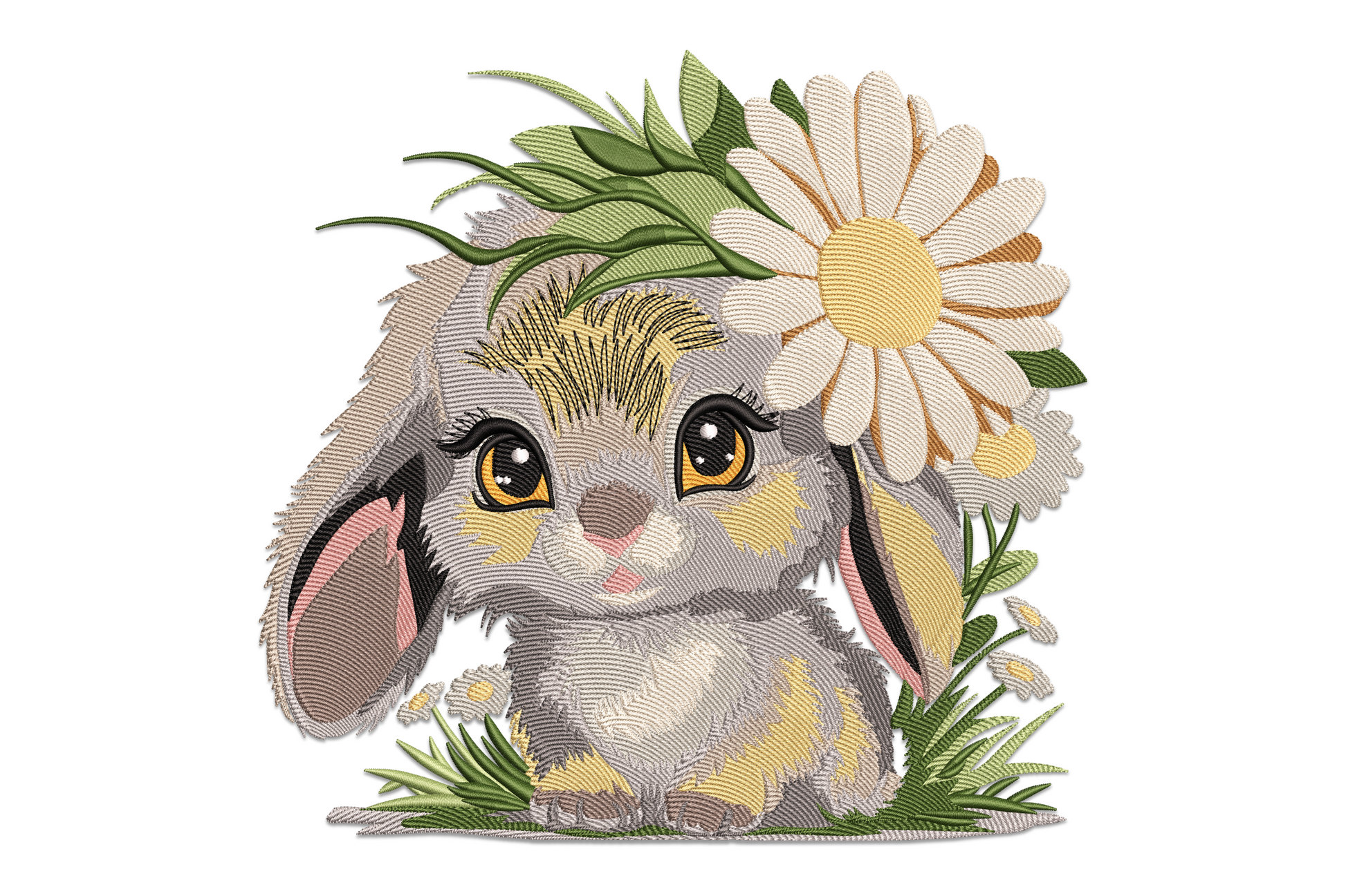 Grey lop-eared rabbit close-up with amber eyes, cream daisy, and dark green grass, realistic layered fur