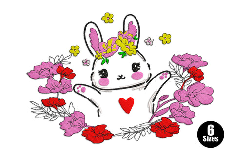 Kawaii bunny with floral wreath embroidery in six colours, full-body cartoon bunny with red heart on chest and pink, yellow and red flowers.