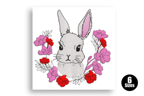 Kawaii bunny face embroidery with long ears, pink cheeks and a full wreath of red and pink flowers in four colours.