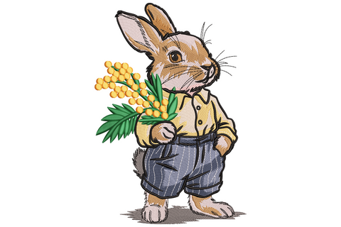 Storybook bunny embroidery design standing in jacket and trousers holding a bouquet of bright orange wildflowers with green stems.