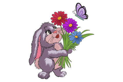 Cute bunny with flowers embroidery design, fluffy grey rabbit hugging red purple and blue daisy bouquet with purple butterfly above.