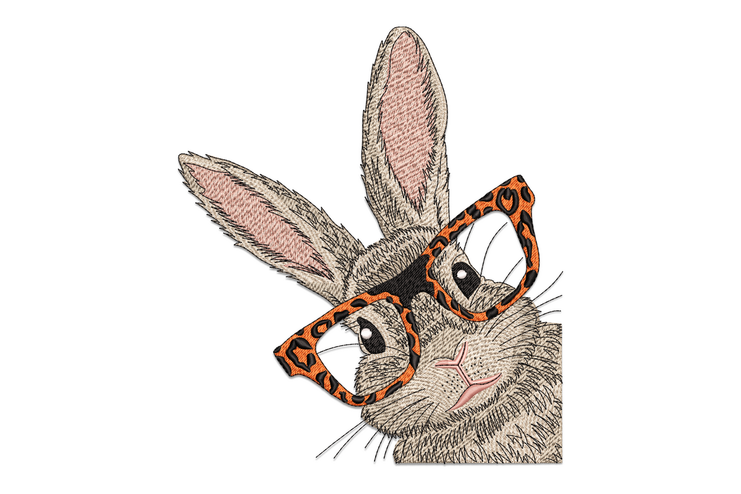 Bunny portrait with oversized leopard-print glasses, machine embroidery design in sketch style, 6 thread colours.