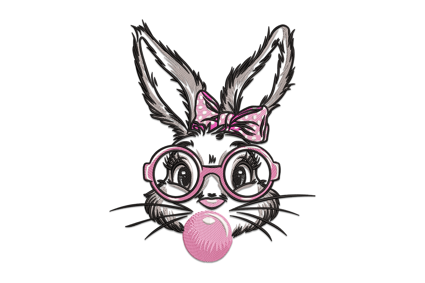 Easter bunny with tortoise-shell glasses embroidery design on white onesie, cream body with pastel egg accents.
