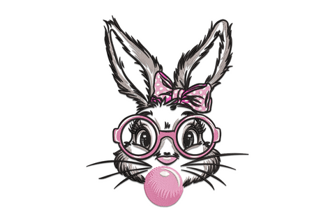 Easter bunny with tortoise-shell glasses embroidery design on white onesie, cream body with pastel egg accents.