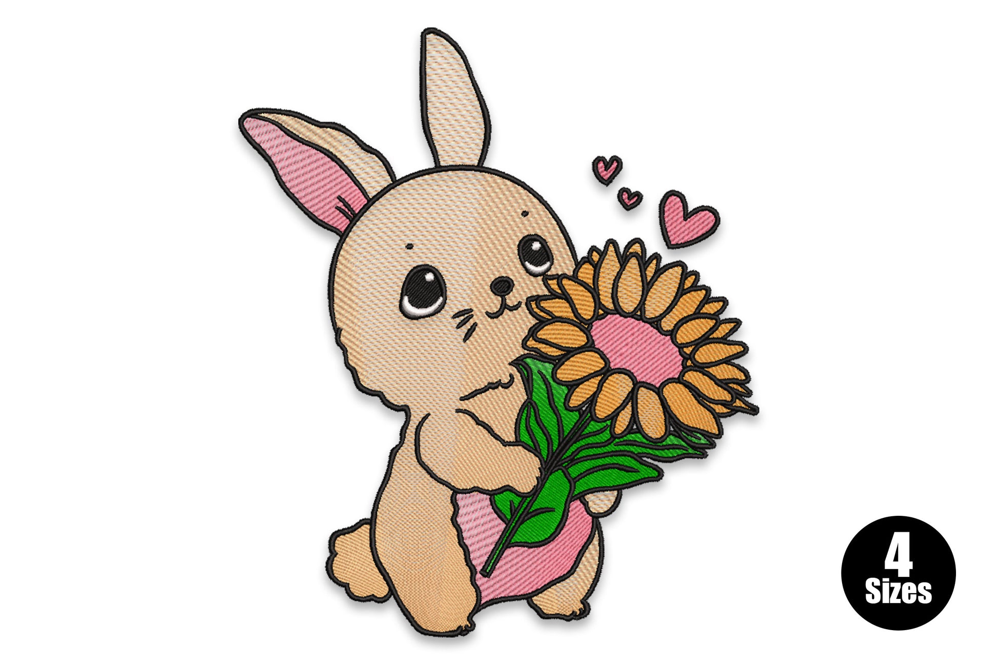 Cute kawaii bunny embroidery design holding a sunflower with floating hearts, soft peach and pink tones, cartoon style with black outlines, 8 thread colours.