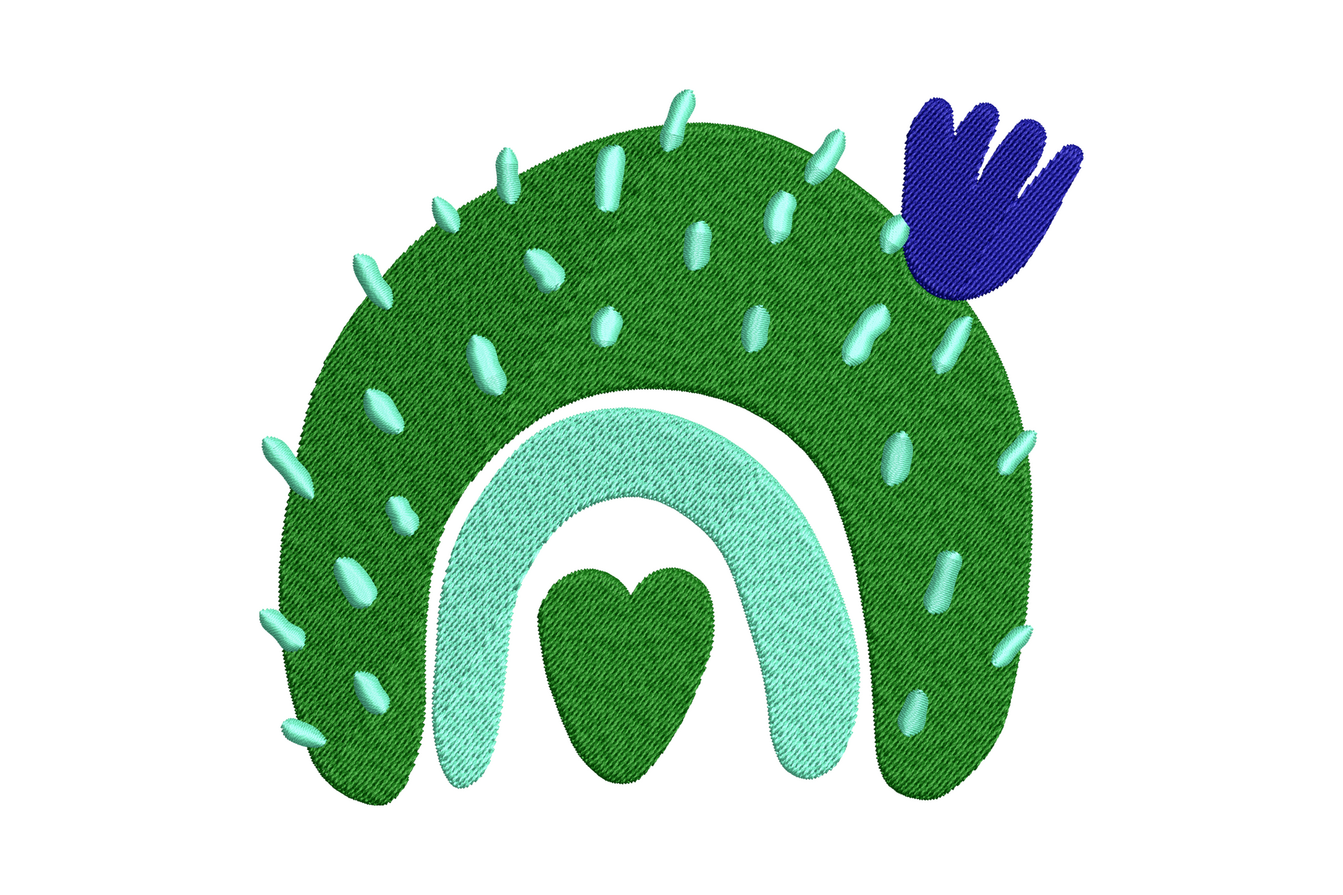 Cactus rainbow embroidery design, green and mint stacked arches dotted with prickles plus tiny navy flower bud.