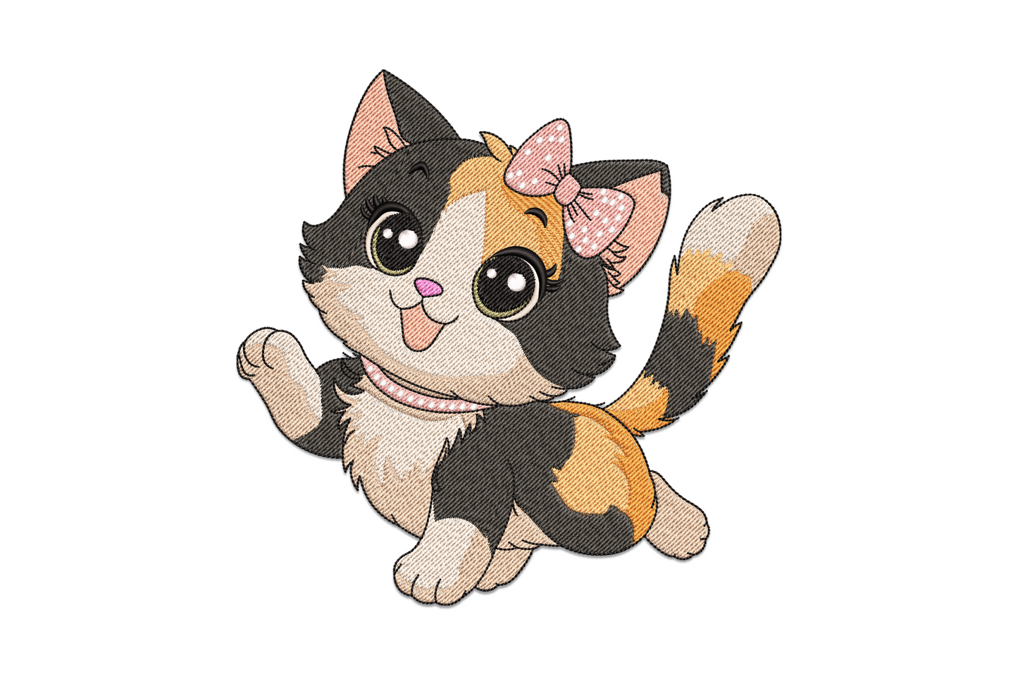 Calico kitten bow embroidery design, cartoon cat face with calico patches and hair bow, 11 colour kawaii style