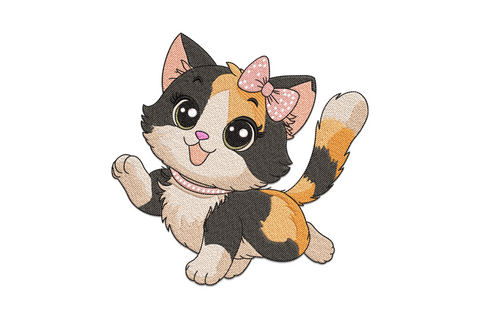 Calico kitten bow embroidery design, cartoon cat face with calico patches and hair bow, 11 colour kawaii style