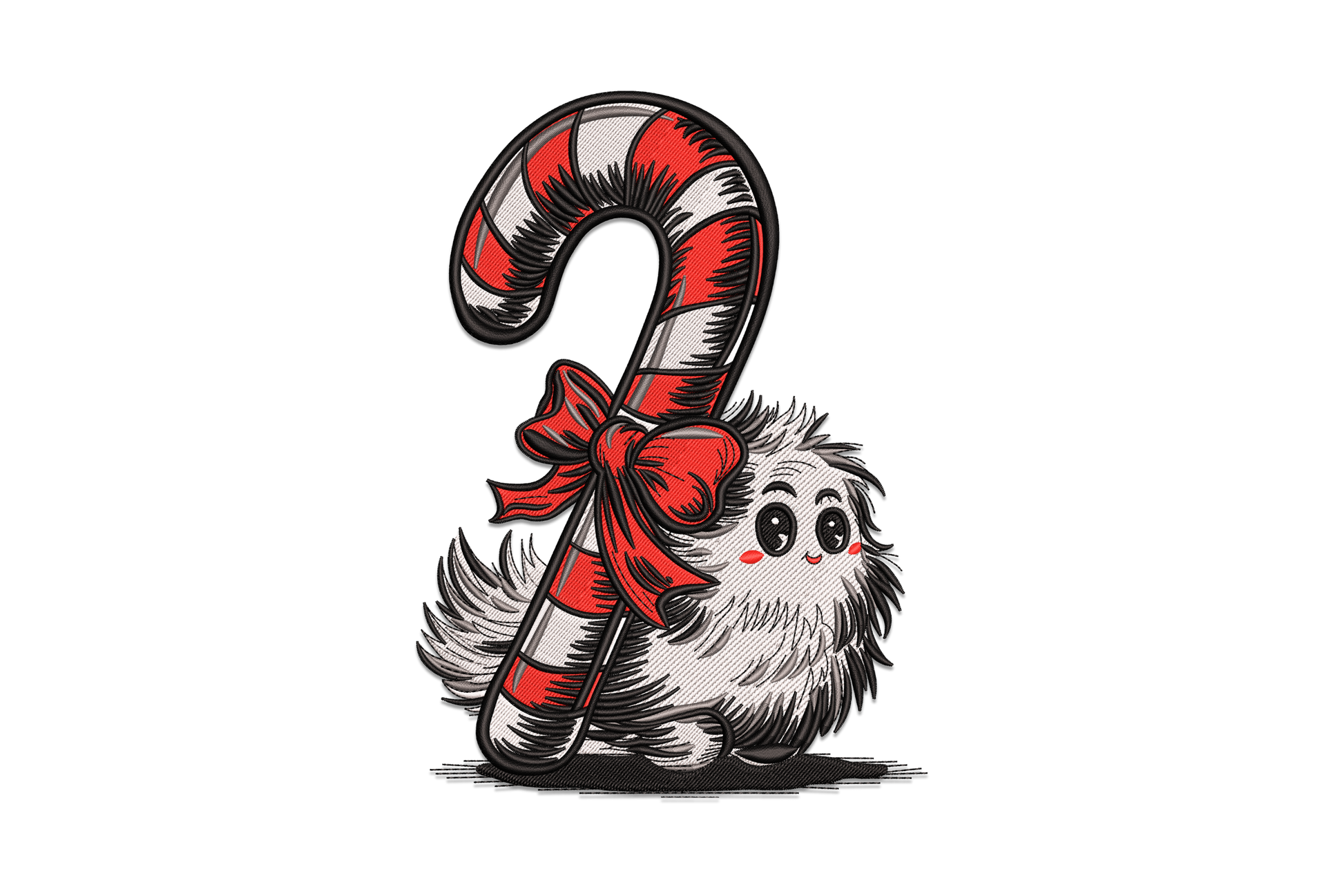 Cartoon bird with spiky feathers gripping a candy cane, red ribbon bow, bold crosshatch sketch style, 4-color embroidery