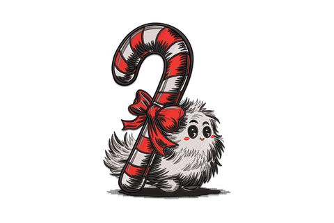 Cartoon bird with spiky feathers gripping a candy cane, red ribbon bow, bold crosshatch sketch style, 4-color embroidery