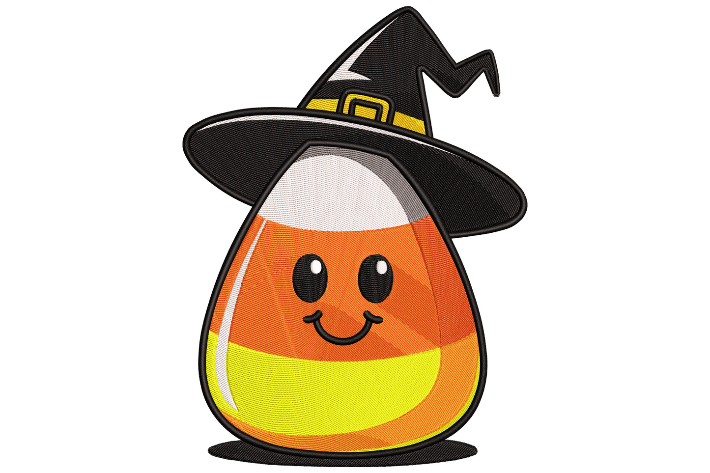 Candy corn witch hat embroidery design, tall pointed hat in orange yellow and white candy corn stripes with black brim, cartoon style, 3.51 inches wide.