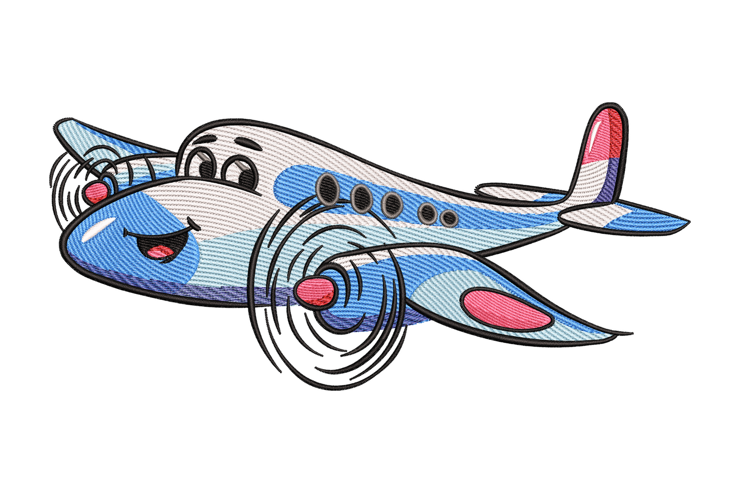 Kawaii cartoon airplane embroidery with smiling face, rosy pink cheeks, sky blue body and white tail on white background.