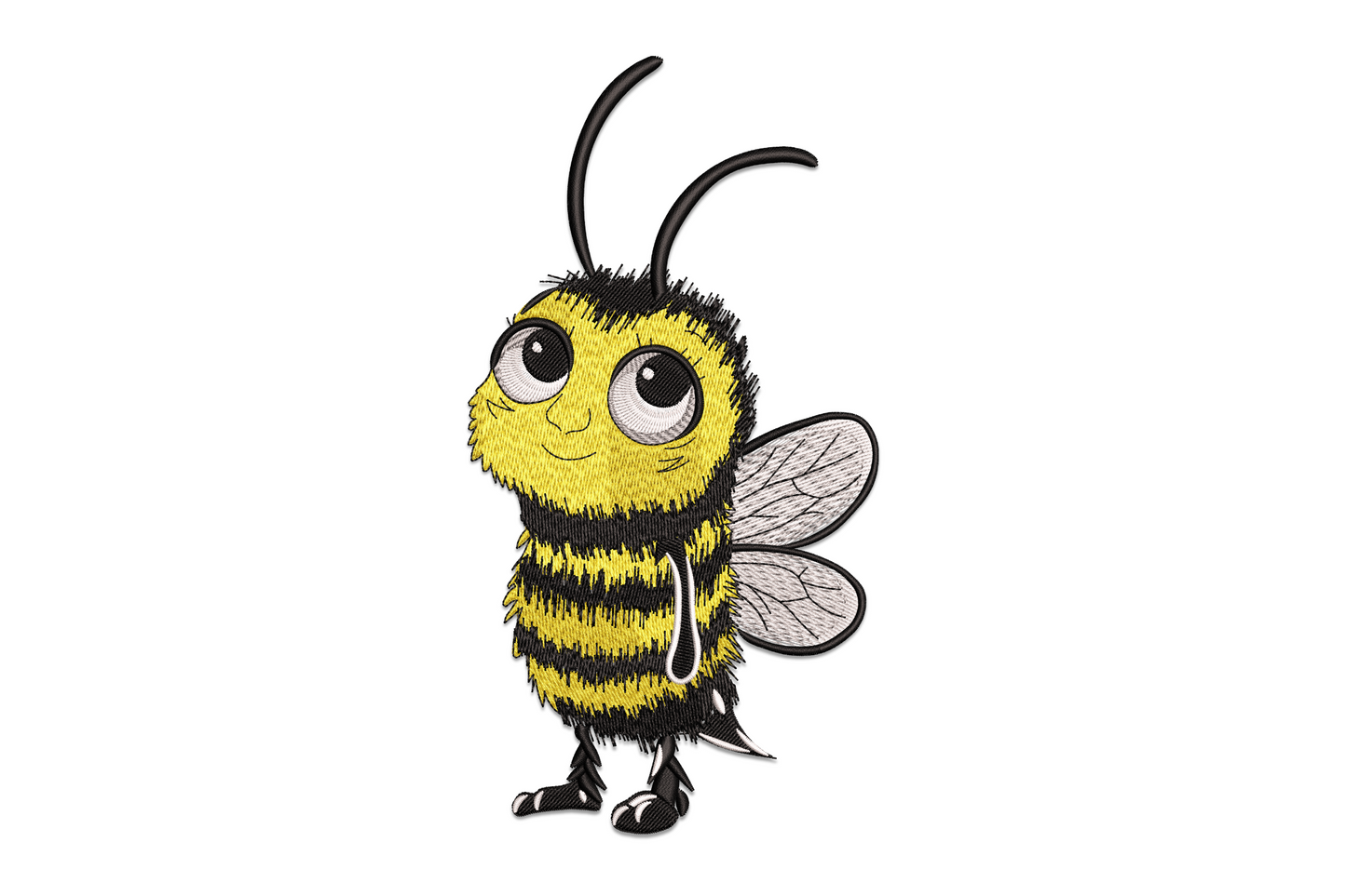 Cartoon bee embroidery design, chubby upright bee with big eyes, golden yellow body, black stripe, outlined wings