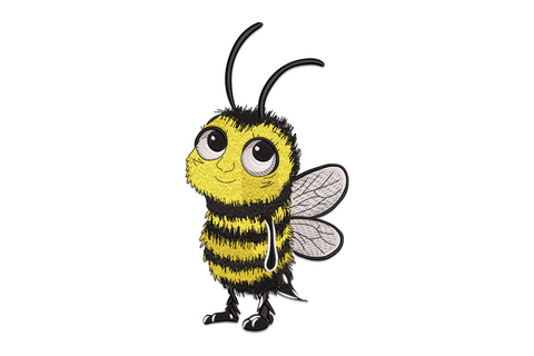 Cartoon bee embroidery design, chubby upright bee with big eyes, golden yellow body, black stripe, outlined wings