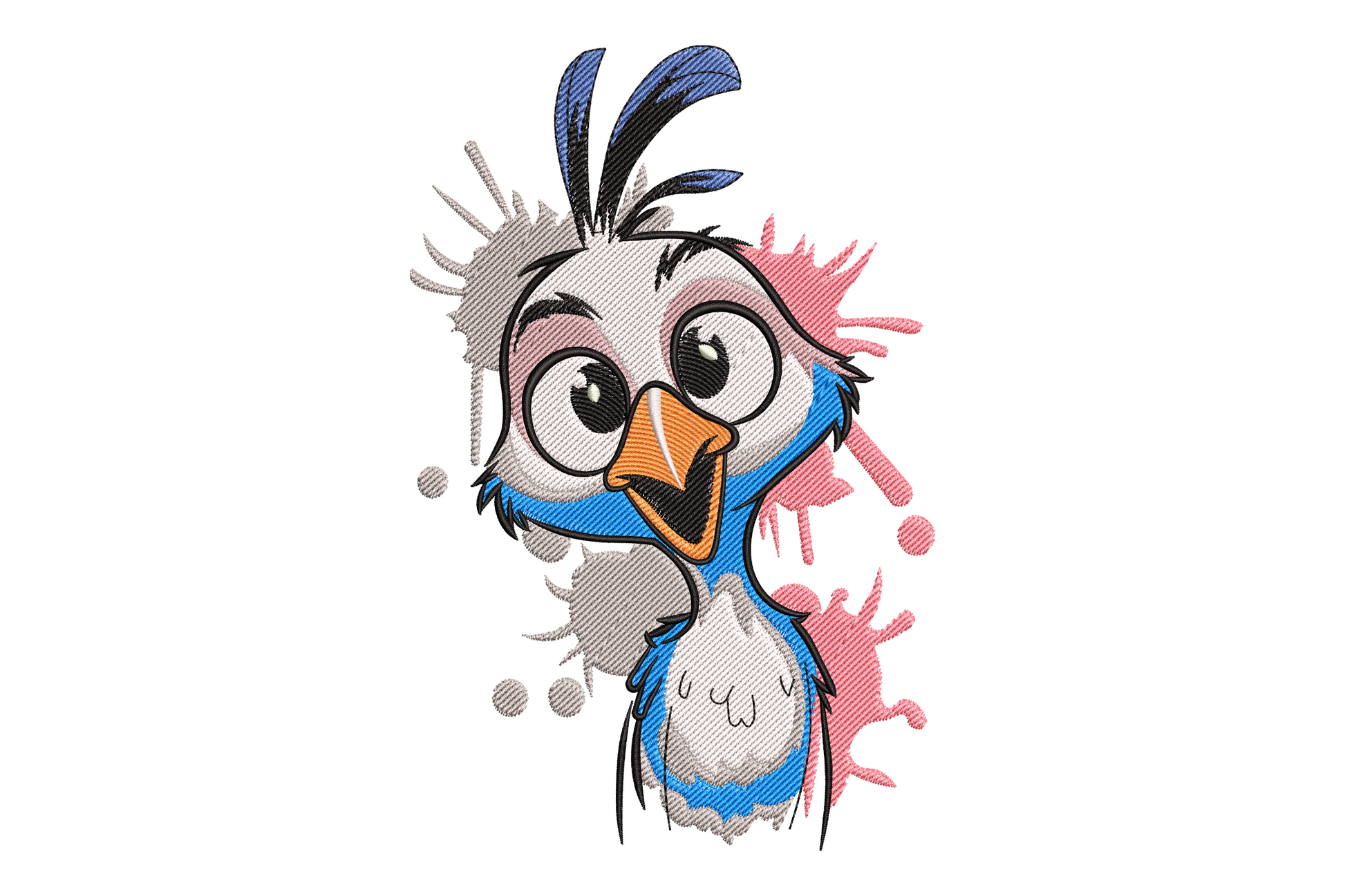 Cartoon bird embroidery, buggy eyes, orange beak, blue feather spikes, paint-splash background, 9 colors, zany.