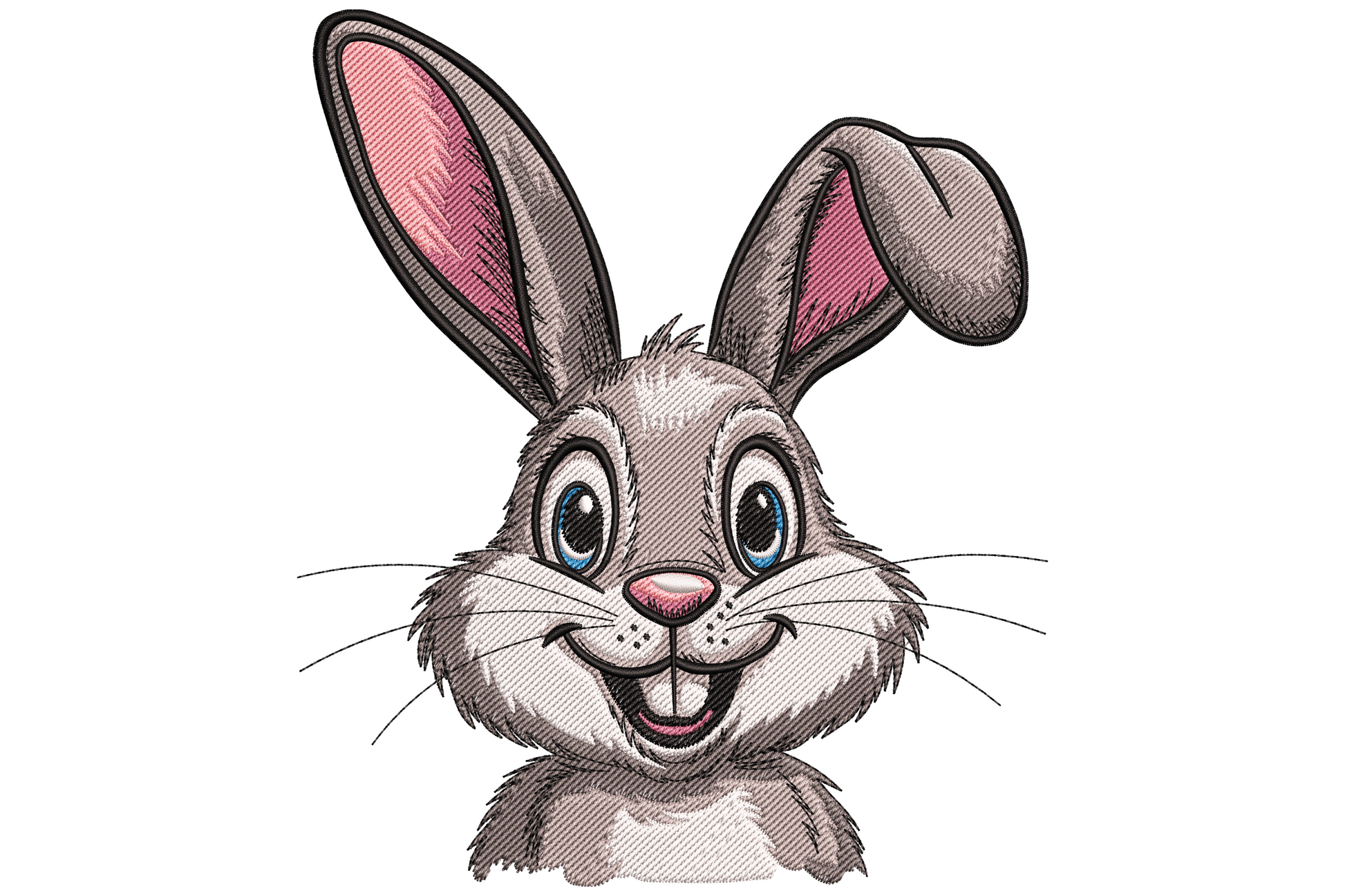 Kawaii cartoon bunny face embroidery design with pastel pink ears, blush cheeks, and big round eyes on white fabric