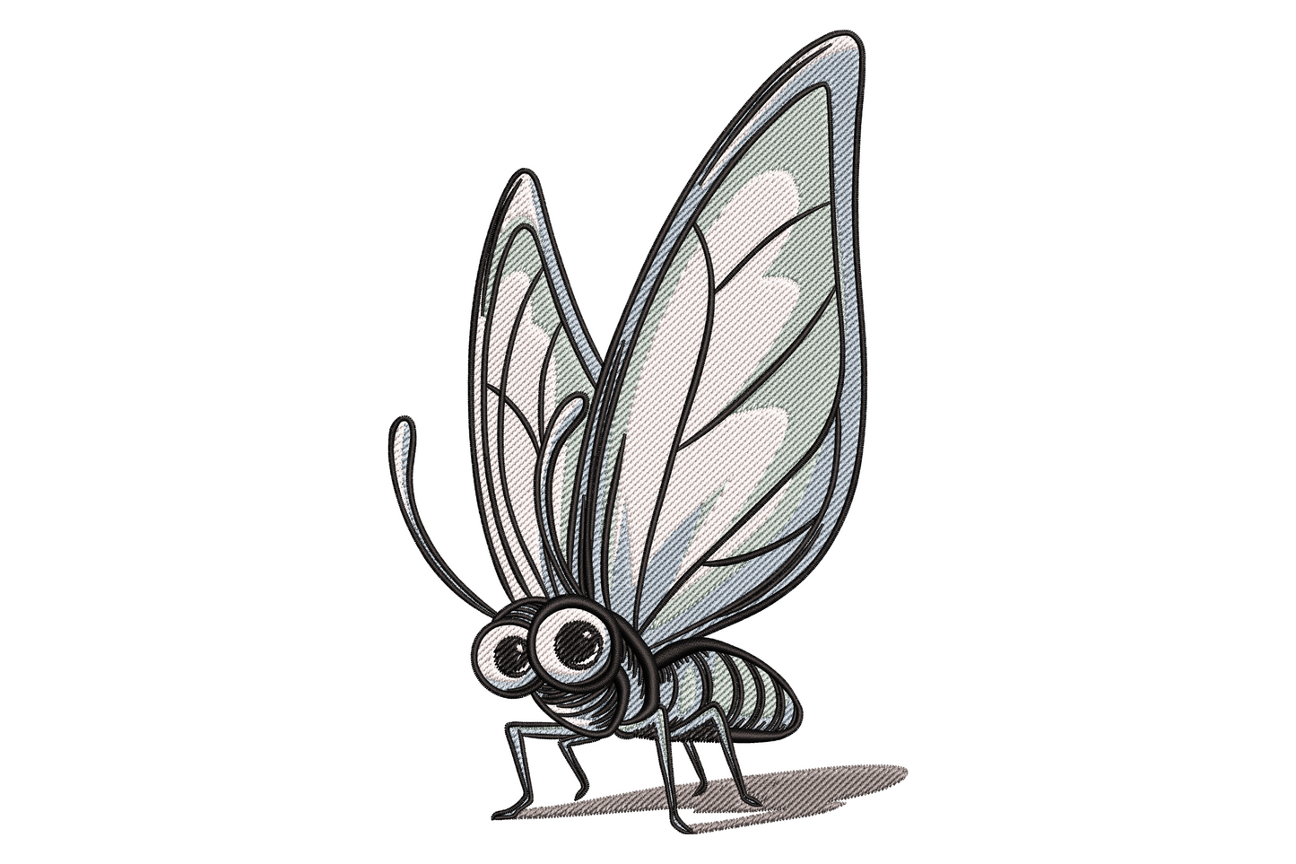 Cartoon butterfly embroidery design standing upright with pale blue-grey wings, bold black outline, striped body, and oversized round cartoon eyes with white highlight circles.