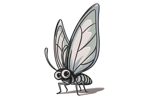 Cartoon butterfly embroidery design standing upright with pale blue-grey wings, bold black outline, striped body, and oversized round cartoon eyes with white highlight circles.