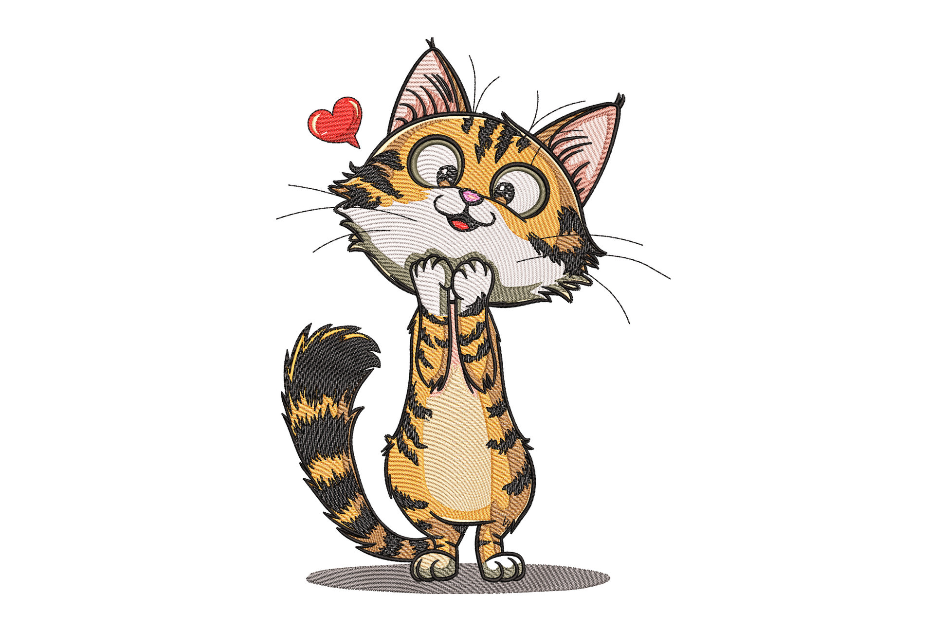 Cartoon orange tabby cat embroidery standing upright holding a red heart balloon, big round eyes, black outlines.