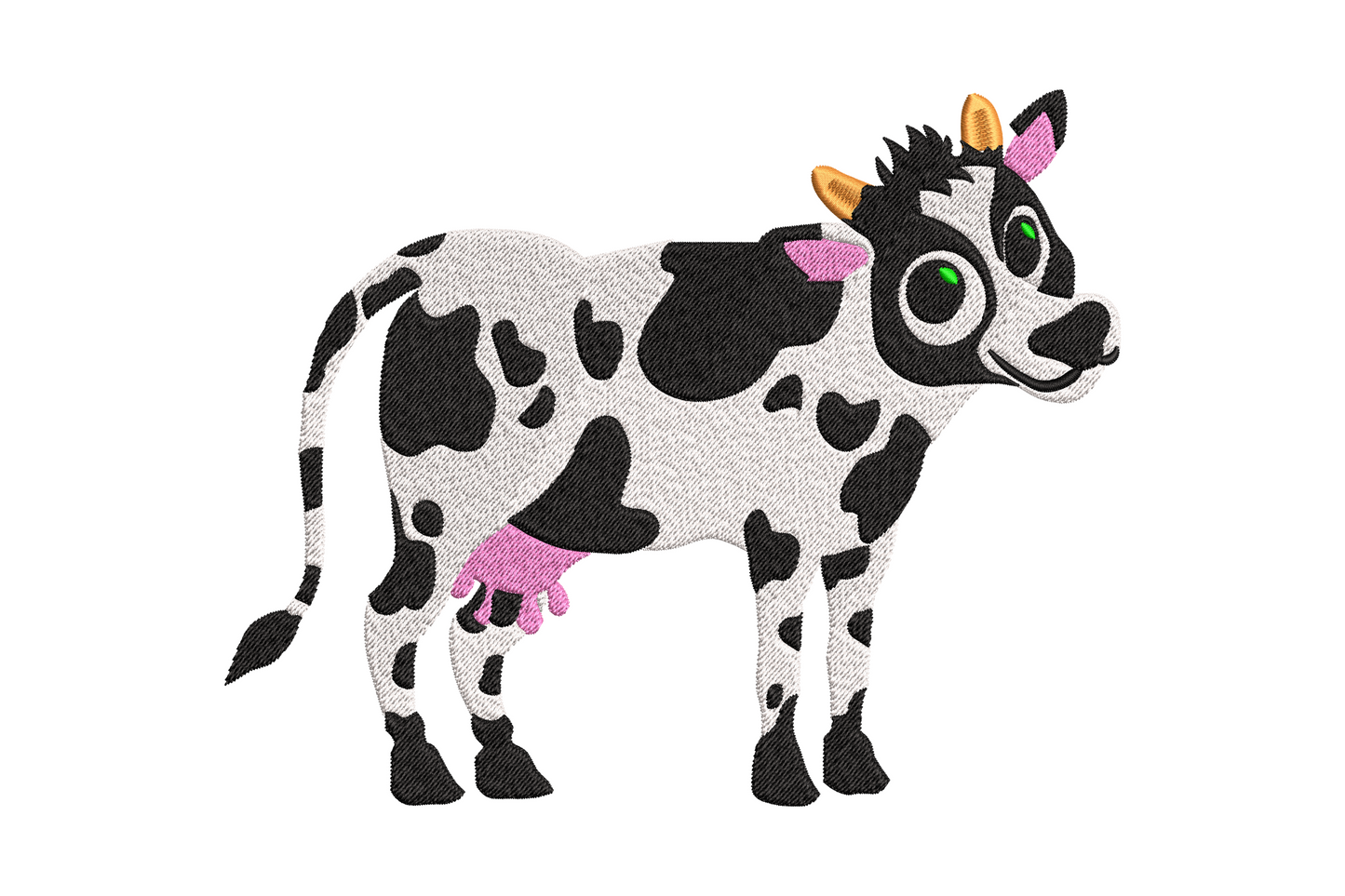 Cute cartoon cow embroidery design showing full body cow with ivory body black patches and pink udder, machine embroidery instant download.