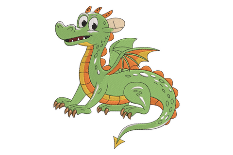 Cute chibi-style cartoon dragon embroidery in emerald green with lime underside, golden-orange spines, rosy cheeks and big expressive eyes, sitting upright.