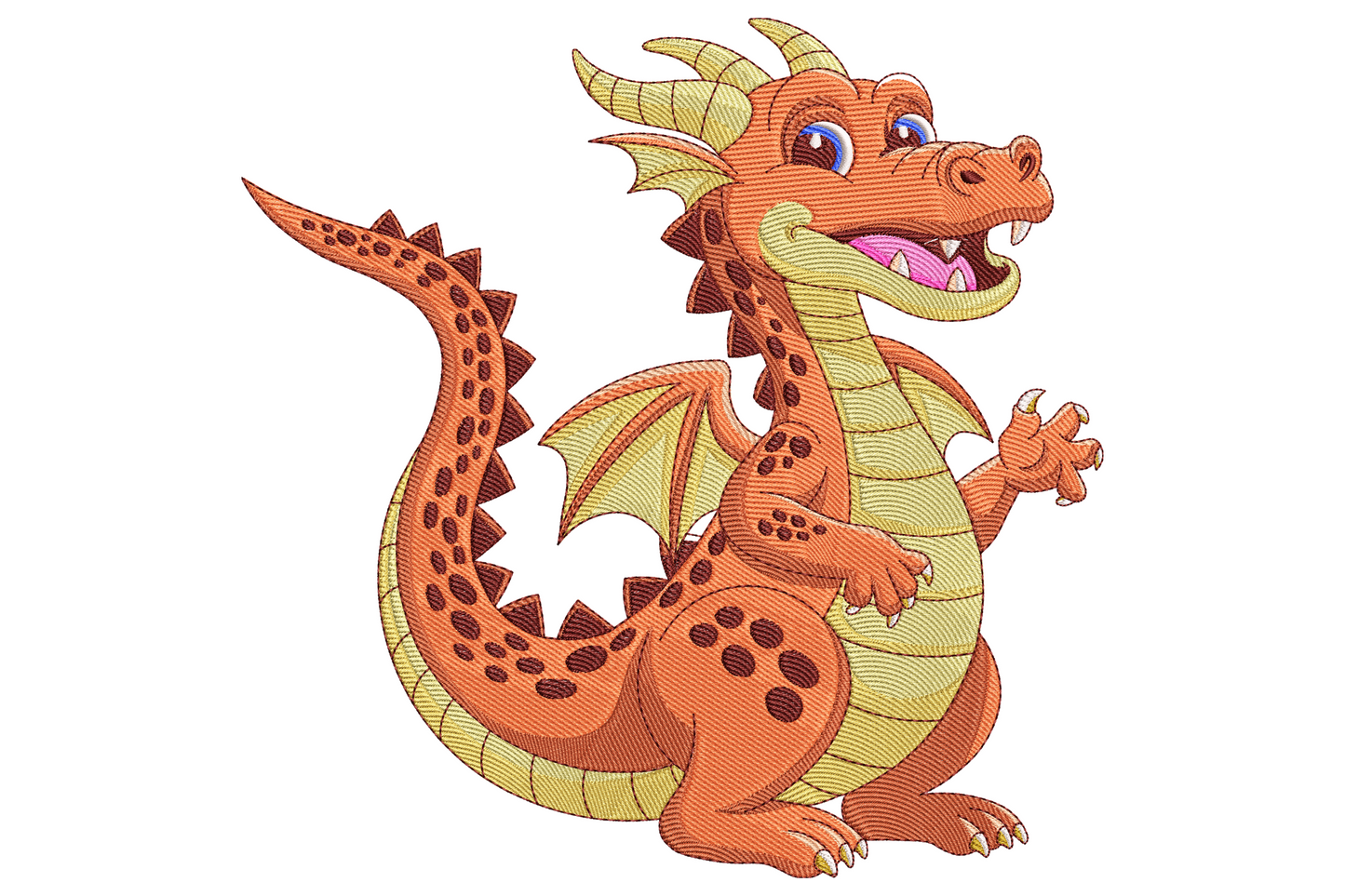 Cute cartoon dragon embroidery design with leaf-green body, yellow belly, tiny wings, pink cheeks and a sweet friendly smile for nursery and kids items.