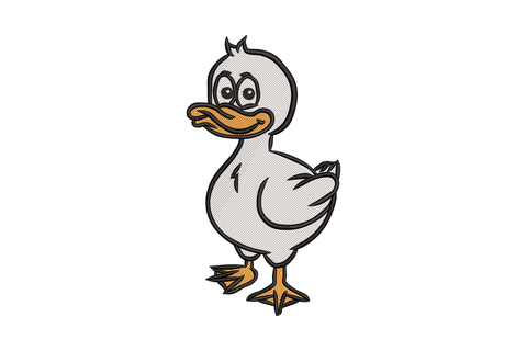Cute cartoon duck embroidery design with butter yellow body orange beak and blue water splash, machine embroidery instant download.