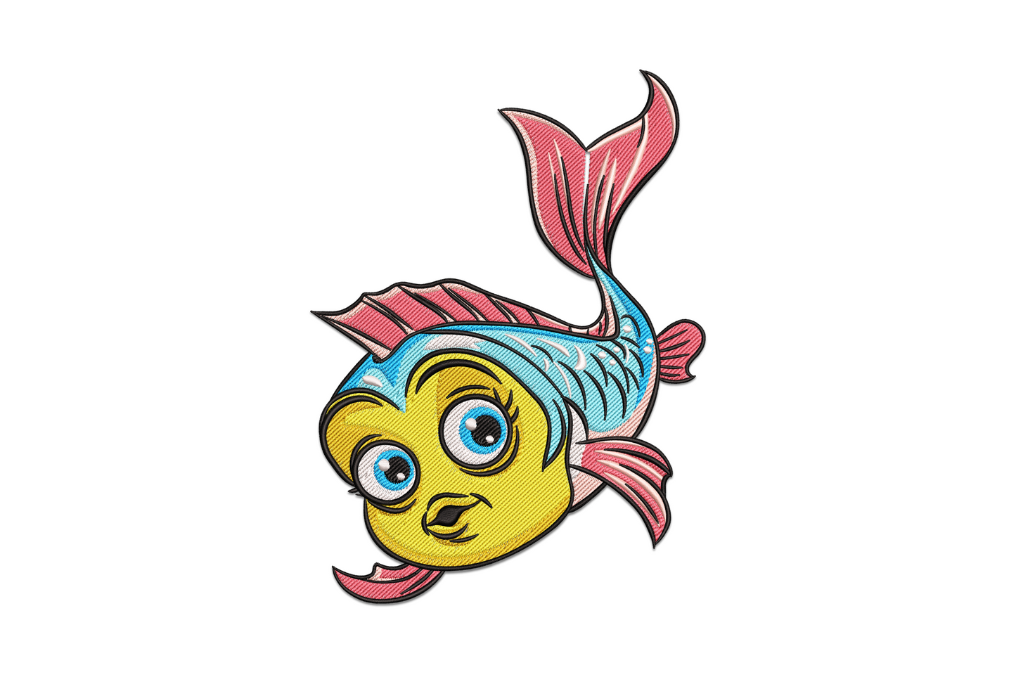 Cartoon fish embroidery with oversized yellow face, big blue eyes, sky blue body and pink coral fins, bold kawaii style.