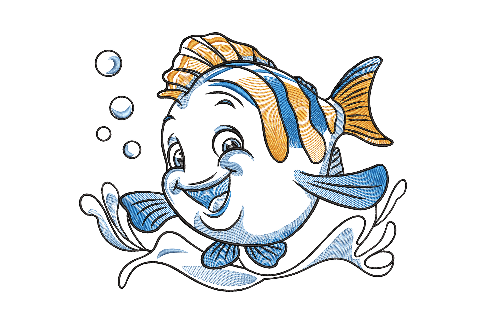 Cute cartoon reef fish embroidery in powder blue with bright orange stripes, big smiling mouth, rounded fins and small bubbles rising from mouth