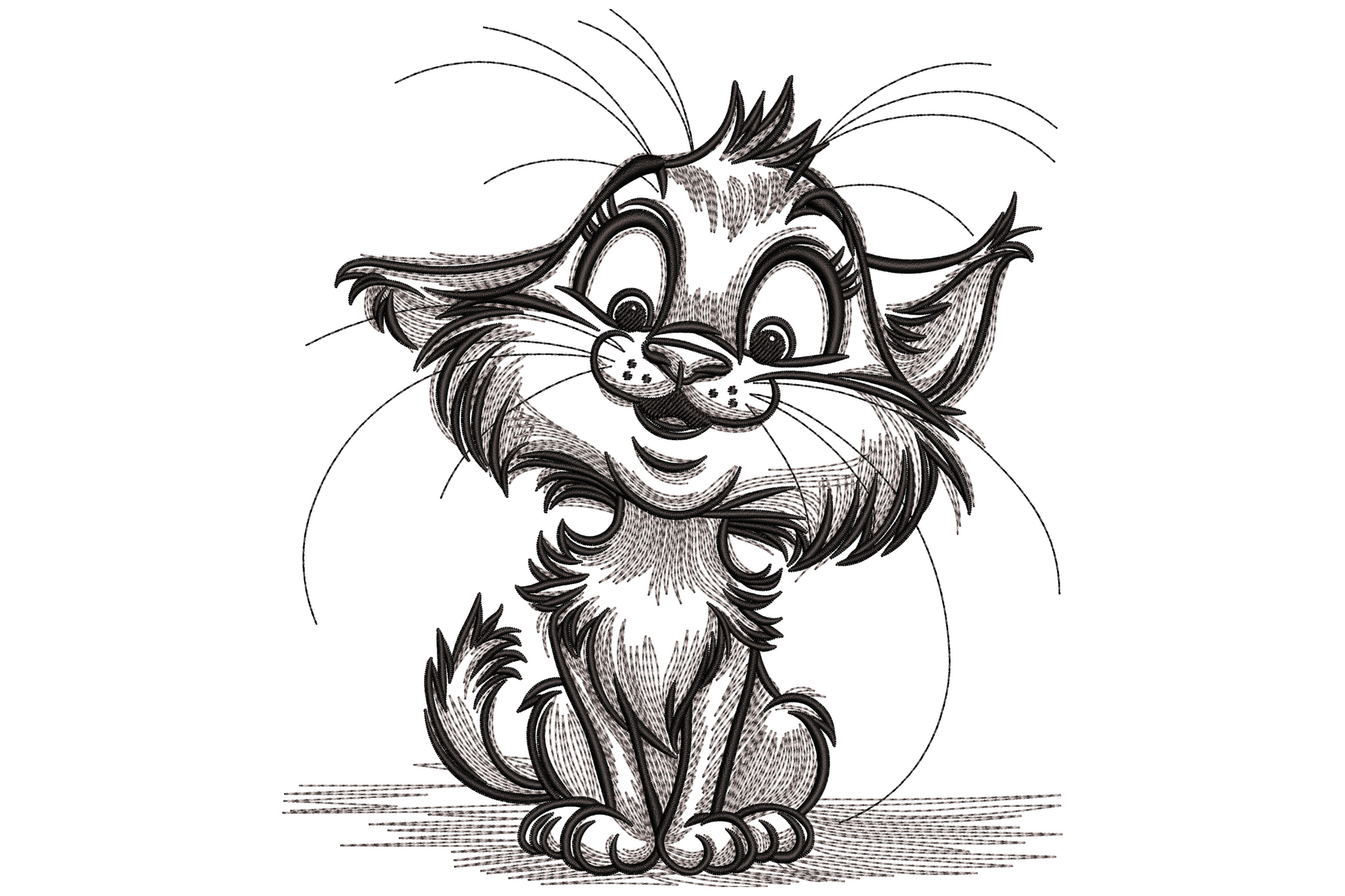Cute cartoon kitten embroidery design with wild spiked fur, huge grin and long whiskers in grey and black crosshatch style, 9 sizes.