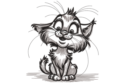 Cute cartoon kitten embroidery design with wild spiked fur, huge grin and long whiskers in grey and black crosshatch style, 9 sizes.